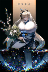 Rule 34 | 1girl, black ribbon, blonde hair, blue eyes, blue kimono, blue lips, blue nails, blurry, bow, braid, branch, chromatic aberration, closed mouth, dangle earrings, depth of field, earrings, eyelashes, fate/grand order, fate (series), flower, french braid, funeral veil, highres, holding, holding branch, japanese clothes, jewelry, kimono, lipstick, long hair, makeup, morgan le fay (fate), moyun, ponytail, ribbon, smile, solo, translation request, veil, very long hair, white flower