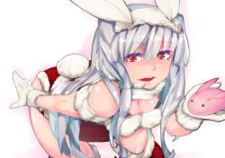 Rule 34 | 1girl, :d, animal ears, breasts, cleavage, efyuru, gloves, headset, idolmaster, idolmaster (classic), leaning, long hair, open mouth, rabbit ears, rabbit tail, shijou takane, silver hair, smile, solo, tail, white gloves