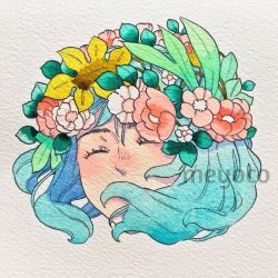 Rule 34 | 1girl, aqua hair, artist name, bad id, bad instagram id, covered mouth, disembodied head, closed eyes, flower, hair over mouth, leaf, meyoco, original, photo (medium), pink flower, short hair, simple background, solo, traditional media, watermark, white background, white flower