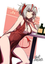 Rule 34 | 1girl, alternate costume, antenna hair, arknights, bare legs, bare shoulders, black choker, black nails, bottle, bracelet, choker, closed mouth, collarbone, covered navel, cup, demon girl, demon horns, demon tail, dress, drinking glass, english text, evening gown, feet out of frame, grey hair, highres, horns, jewelry, looking at viewer, multicolored hair, nail polish, necklace, pelvic curtain, photoshop (medium), red dress, red eyes, red hair, samacho, short hair, sitting, solo, table, tail, thighs, two-tone hair, v-shaped eyebrows, w (arknights)