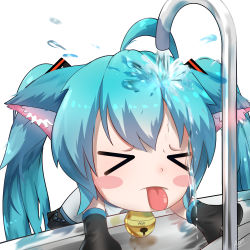 Rule 34 | &gt; &lt;, 1girl, ahoge, animal ears, aqua hair, bare shoulders, bell, black skirt, blouse, blush stickers, cat, cat ears, cat girl, chibi, collar, commentary, detached sleeves, closed eyes, faucet, hair ornament, hatsune miku, highres, neck bell, omone hokoma agm, photo-referenced, pouring, shirt, sink, skirt, sleeveless, sleeveless shirt, solo, tongue, tongue out, twintails, vocaloid, water, water drop, wet
