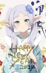 Rule 34 | 1girl, 2024, absurdres, alternate costume, blue kimono, camui1104, dangle earrings, drop earrings, earrings, elf, flower, fur scarf, green eyes, grey hair, hair flower, hair ornament, happy new year, highres, japanese clothes, jewelry, kimono, long hair, looking at viewer, new year, pointy ears, print kimono, solo, sousou no frieren, twintails