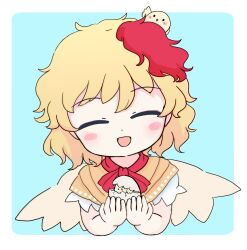 Rule 34 | 1girl, animal, animal on head, bird, bird on head, bird wings, blonde hair, blush, chick, chicken, closed eyes, facing viewer, feathered wings, held up, highres, multicolored hair, neckerchief, niwatari kutaka, on head, open mouth, orange shirt, red hair, red neckerchief, rei (tonbo0430), shirt, short hair, simple background, smile, tagme, touhou, two-tone hair, upper body, wings, yellow wings
