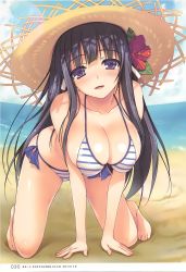 Rule 34 | 1girl, absurdres, beach, bikini, black hair, blue bikini, breasts, brown eyes, cleavage, day, flower, full body, hair flower, hair ornament, hat, highres, large breasts, long hair, looking at viewer, original, page number, parted lips, sand, scan, side-tie bikini bottom, solo, straw hat, striped bikini, striped clothes, swimsuit, tomose shunsaku