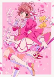 Rule 34 | 1girl, absurdres, boots, bow, brown hair, cardcaptor sakura, cherry blossoms, foot up, fuuin no tsue, gloves, green eyes, hair ribbon, highres, holding, holding staff, kero (cardcaptor sakura), kinomoto sakura, kisumi rei, layered skirt, long sleeves, magical girl, open mouth, petals, pink background, pink footwear, puffy sleeves, ribbon, skirt, staff, white footwear, white gloves