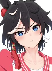 Rule 34 | 1girl, absurdres, animal ears, black hair, blue eyes, closed mouth, commentary request, earrings, hair ornament, highres, horse ears, horse girl, jewelry, katsuragi ace (umamusume), light blush, looking at viewer, medium hair, multicolored hair, official alternate costume, ponytail, portrait, pout, prtn (ttnx), red sweater, simple background, solo, streaked hair, sweater, tassel, tassel earrings, umamusume, v-shaped eyebrows, white background, white hair