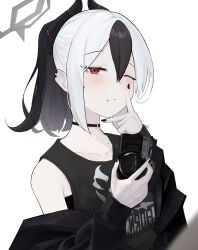 Rule 34 | 1girl, absurdres, black choker, black hair, black jacket, black nails, black tank top, blue archive, blush, camera, choker, closed mouth, collarbone, fingernails, grey halo, halo, highres, holding, holding camera, jacket, kayoko (blue archive), kyatto-mikazu, long hair, long sleeves, looking at viewer, mole, multicolored hair, nail polish, one eye closed, ponytail, red eyes, simple background, solo, tank top, upper body, white background, white hair