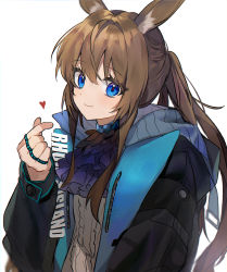 Rule 34 | 1girl, amiya (arknights), animal ears, arknights, ascot, black jacket, blouse, blue eyes, brown hair, choker, finger heart, heart, highres, infection monitor (arknights), jacket, long hair, long sleeves, looking at viewer, mid (gameshe), multiple rings, open clothes, open jacket, ponytail, rabbit ears, ring, shirt, simple background, smile, solo, upper body, white background, white shirt