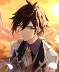Rule 34 | 1boy, antenna hair, black hair, brown hair, brown vest, closed mouth, coat, collared shirt, commentary request, diamond-shaped pupils, diamond (shape), earrings, falling petals, gem, genshin impact, hair between eyes, highres, honotai, jewelry, light smile, long hair, looking at viewer, low ponytail, male focus, multicolored hair, necktie, orange hair, petals, ponytail, shirt, single earring, solo, symbol-shaped pupils, tassel, tassel earrings, twitter username, upper body, vest, white necktie, wing collar, zhongli (genshin impact)