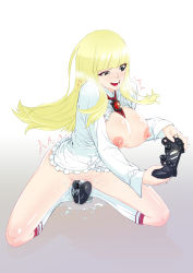 Rule 34 | 1girl, between breasts, blacktiger, blonde hair, blue eyes, blush, boots, bottomless, breasts, breasts out, controller, dualshock, emilie de rochefort, female masturbation, game console, game controller, gamepad, heavy breathing, highres, knee boots, kneeling, large breasts, long hair, masturbation, necktie, necktie between breasts, nipples, no panties, playing games, playstation 4, playstation controller, pussy juice, pussy juice puddle, sex toy, solo, tekken, trembling, uncommon stimulation, vibrator