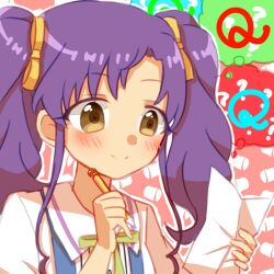 Rule 34 | 1girl, ?, ??, blue background, blush, closed mouth, ehon chioka, ensemble girls!, green background, hair ribbon, holding, holding paper, holding pen, kimisaki school uniform, long hair, looking down, multicolored background, ougi koharu, paper, pen, pink background, purple hair, red background, ribbon, school uniform, smile, solo, twintails, yellow background, yellow eyes, yellow ribbon