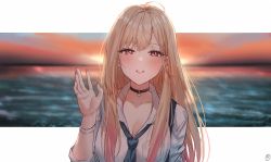 Rule 34 | 1girl, ahoge, black choker, black necktie, blonde hair, blurry, blurry background, blush, breasts, choker, cleavage, collarbone, collared shirt, depth of field, dress shirt, envyvanity, hair between eyes, half-closed eyes, hand up, kitagawa marin, long sleeves, looking at viewer, medium breasts, nail polish, necktie, parted lips, pink nails, red eyes, shirt, solo, sono bisque doll wa koi wo suru, sunset, upper body, white shirt