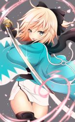 Rule 34 | &gt;:o, 1girl, :o, ahoge, black bow, black scarf, black thighhighs, blonde hair, blue eyes, bow, cherry blossoms, cowboy shot, fate/grand order, fate (series), glint, hair bow, haori, highres, holding, holding sword, holding weapon, japanese clothes, katana, kimono, koha-ace, long sleeves, looking at viewer, obi, okita souji (fate), okita souji (koha-ace), open mouth, petals, sash, scarf, sheepd, shinsengumi, short hair, short kimono, solo, sword, thighhighs, thighs, v-shaped eyebrows, weapon, wide sleeves