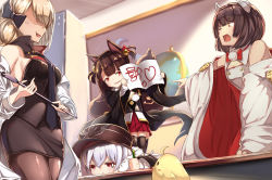 Rule 34 | 4girls, absurdres, ahoge, akagi-chan (azur lane), anger vein, angry, animal ears, azur lane, bare shoulders, bell, blonde hair, blunt bangs, brown hair, buttons, cape, commentary request, double-breasted, drawing, drawing (object), fox ears, fox tail, fur-trimmed cape, fur trim, globe, hair bell, hair ornament, hat, hiei-chan (azur lane), highres, holding, holding drawing, holding pen, horns, indoors, jacket, jacket on shoulders, japanese clothes, karakushi, kimono, kitsune, kyuubi, long sleeves, manjuu (azur lane), military hat, multiple girls, multiple tails, pen, pleated skirt, pout, red eyes, short hair, short kimono, short twintails, skirt, smile, smug, tail, tearing up, twintails, white hair, wide sleeves, yellow eyes, z23 (azur lane), zeppy (azur lane)