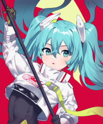 Rule 34 | absurdres, aqua eyes, aqua hair, black gloves, bodysuit, bodysuit under clothes, breasts, covered navel, crop top, crop top overhang, cropped jacket, dithering, flag, flagpole, flame print, floating hair, gloves, green gloves, hair between eyes, hatsune miku, headgear, headphones, highres, holding, holding flag, holding pole, ikesawa 99, jacket, leaning back, long hair, long sleeves, looking at viewer, open mouth, pole, race queen, racing miku, racing miku (2022), red background, simple background, smiley face, tsurime, twintails, two-tone gloves, upper body, very long hair, vocaloid, white jacket