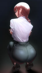 Rule 34 | 1girl, absurdres, ass, ass focus, black pants, braid, braided ponytail, chainsaw man, collared shirt, dress shirt, high-waist pants, highres, long hair, long sleeves, looking at viewer, looking back, makima (chainsaw man), pants, pantylines, red hair, ringed eyes, shirt, solo, squatting, ulrich (tagaragakuin), white shirt, yellow eyes