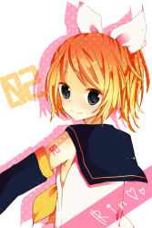 Rule 34 | 1girl, alternate hairstyle, armpits, bad id, bad pixiv id, blonde hair, blue eyes, bow, detached sleeves, female focus, from behind, hair bow, heart, kagamine rin, light smile, looking at viewer, ponytail, rinndouk, short hair, short ponytail, solo, upper body, vocaloid, white background