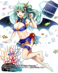 Rule 34 | 1girl, :d, bad id, bad twitter id, bag, bare legs, bare shoulders, bat wings, blush, breasts, chinese clothes, cleavage, clownfish, copyright request, fang, fish, flower, green hair, hair ornament, hair ribbon, highres, large breasts, long hair, looking at viewer, nail polish, navel, open mouth, original, pink eyes, pointy ears, red nails, red ribbon, ribbon, sleeveless, smile, solo, thigh strap, tsukiriran, two side up, underwater, wings