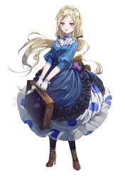 Rule 34 | 1girl, :o, artist name, blonde hair, blue dress, bonim, boots, bow, brooch, brown footwear, cross-laced footwear, dress, dress bow, floral print, frilled dress, frills, full body, gloves, high heel boots, high heels, highres, holding, holding suitcase, jewelry, long hair, looking at viewer, original, purple eyes, simple background, skirt, suitcase, white background, white gloves