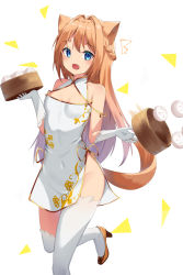 Rule 34 | 1girl, animal ear fluff, animal ears, blue eyes, blush, braid, china dress, chinese clothes, dress, elbow gloves, fang, gloves, hands up, highres, light brown hair, long hair, looking at viewer, open mouth, original, sakutaishi, shoes, simple background, solo, tail, thighhighs, white background, white dress, white gloves, white thighhighs
