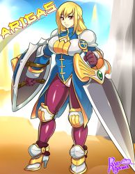 Rule 34 | 1girl, agawa ryou, agrias oaks, armor, artist name, blonde hair, breasts, character name, cleavage, cleavage cutout, clothing cutout, commentary, final fantasy, final fantasy tactics, gloves, high heels, large breasts, red eyes, shield, solo, standing, sword, typo, weapon