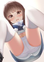 Rule 34 | 1girl, blue dress, blush, brown eyes, brown hair, dress, from below, gloves, highres, kantai collection, open mouth, panties, short hair with long locks, sidelocks, simple background, solo, thighhighs, ukuru (kancolle), underwear, white background, white gloves, white panties, white thighhighs, zuki