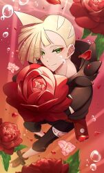 Rule 34 | 1boy, blonde hair, blush, bubble, closed mouth, commentary request, creatures (company), ear piercing, flower, game freak, gladion (pokemon), green eyes, highres, hood, hood down, light rays, male focus, mocacoffee 1001, nintendo, pants, petals, piercing, pokemon, pokemon sm, red flower, red footwear, shoes, short hair, smile, solo, split mouth, torn clothes, torn pants