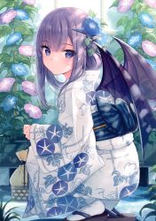 Rule 34 | 1girl, absurdres, basket, blue eyes, blue flower, closed mouth, demon girl, demon wings, expressionless, floral print, flower, from side, hair flower, hair ornament, hairclip, highres, holding, japanese clothes, kimono, light purple hair, long hair, long sleeves, looking at viewer, looking to the side, obi, original, pink flower, plant, print kimono, sash, scan, slippers, socks, solo, squatting, white kimono, white socks, wide sleeves, wings, yashiro seika, yukata
