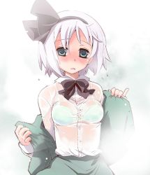 Rule 34 | 1girl, aqua eyes, blue eyes, blush, bow, bowtie, bra, bra visible through clothes, dress, dress shirt, female focus, fujii, fujii jun, full-face blush, hairband, konpaku youmu, lingerie, long sleeves, looking at viewer, nose blush, open clothes, pinky out, see-through, shirt, short hair, silver hair, solo, steam, sweat, taut clothes, taut shirt, touhou, underwear, undressing, upper body, vest, wet, wet clothes