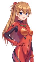 Rule 34 | 1girl, :d, blue eyes, blush, bodysuit, breasts, brown hair, commentary request, cowboy shot, curvy, hair between eyes, hand on own hip, long hair, looking at viewer, neon genesis evangelion, open mouth, plugsuit, rebuild of evangelion, red bodysuit, red hair, simple background, small breasts, smile, solo, souryuu asuka langley, sumisaki yuzuna, very long hair, white background, wide hips