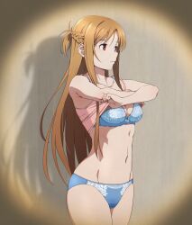 Rule 34 | 1girl, absurdres, asuna (sao), blue bra, blue panties, bra, braid, breasts, brown eyes, brown hair, camisole, closed mouth, clothes lift, collarbone, commentary, crown braid, feet out of frame, female focus, french braid, highres, huge filesize, lifted by self, long hair, medium breasts, navel, panties, pink camisole, pov peephole, puge, shadow, shirt lift, short ponytail, simple background, solo, standing, stomach, sword art online, underwear, undressing