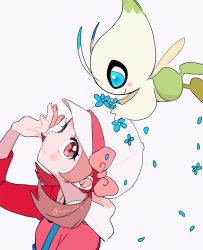 Rule 34 | 1girl, blue flower, blush stickers, bow, brown eyes, brown hair, cabbie hat, celebi, closed mouth, commentary request, creatures (company), eyelashes, falling petals, flower, game freak, gen 2 pokemon, hand up, hat, hat bow, highres, legendary pokemon, long hair, looking up, lyra (pokemon), momotose (hzuu xh4), mythical pokemon, nintendo, petals, pokemon, pokemon (creature), pokemon hgss, red shirt, shirt, simple background, sleeves past elbows, smile, twintails, twitter username, white background, white headwear
