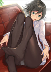 Rule 34 | 1girl, :o, black hair, black pantyhose, blush, breasts, collared shirt, couch, day, foot focus, foot up, foreshortening, green eyes, indoors, knees up, long sleeves, looking at viewer, miru tights, oweee, panties, panties under pantyhose, pantyhose, reclining, shirt, sidelocks, small breasts, solo, underwear, white panties, white shirt