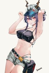 Rule 34 | 1girl, absurdres, arknights, armpits, arms up, artist name, baseball cap, belt, belt pouch, bikini, black bikini, blush, breasts, ch&#039;en (arknights), ch'en (arknights), cowboy shot, female tourist c (arknights), grey shorts, hair between eyes, hat, highres, horns, horns through headwear, kitere, looking at viewer, medium breasts, navel, official alternate costume, open clothes, open fly, open shorts, parted lips, pink eyes, pouch, purple hair, short hair with long locks, short shorts, shorts, sidelocks, simple background, solo, stomach, swimsuit, watch, white background, white hat, wristwatch