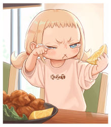Rule 34 | 1girl, :x, blonde hair, blue eyes, border, chicken (food), child, closed eyes, crying, food, fried chicken, fruit, kozato (yu kozato), lemon, low twintails, open mouth, original, shirt, short twintails, solo, tearing up, twintails, white border, white shirt