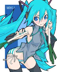 Rule 34 | 1girl, aqua hair, aqua necktie, black thighhighs, blouse, blue background, character name, collared shirt, grey shirt, hair between eyes, hatsune miku, long hair, lowres, necktie, no pants, oekaki, panties, shirt, side-tie panties, sleeveless, sleeveless shirt, solo, spring onion, striped clothes, striped panties, thighhighs, twintails, underwear, very long hair, vocaloid