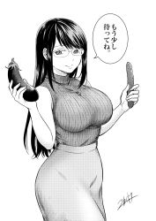 Rule 34 | 1girl, bad id, bad twitter id, bare shoulders, breasts, commentary request, cucumber, eggplant, food, glasses, greyscale, highres, holding, large breasts, long hair, looking at viewer, monochrome, nikaidou kou, original, signature, simple background, skirt, smile, solo, speech bubble, sweater vest, translated, vegetable, white background
