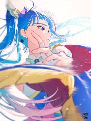 Rule 34 | 1girl, aoi tete, artist logo, backlighting, blue cape, blue dress, blue eyes, blue hair, bow, brooch, cape, closed mouth, cure sky, dress, dress bow, earrings, fingerless gloves, foreshortening, fringe trim, gloves, highres, hirogaru sky! precure, jewelry, long hair, looking to the side, magical girl, motion blur, multicolored hair, pink hair, precure, red cape, sleeveless, sleeveless dress, smile, solo, sora harewataru, streaked hair, twintails, two-sided cape, two-sided fabric, two-tone dress, very long hair, white dress, white gloves, wing brooch, wing hair ornament