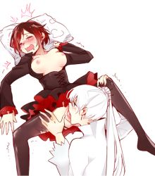 Rule 34 | 2girls, artist request, blush, breasts, breasts out, brown legwear, cunnilingus, closed eyes, kuma (bloodycolor), leg grab, lying, moaning, multiple girls, nipples, no shoes, on back, open clothes, open mouth, oral, pantyhose, pussy, ruby rose, rwby, short hair, spread legs, spread pussy, tears, thighs, torn clothes, torn legwear, trembling, uncensored, wavy mouth, weiss schnee, yuri