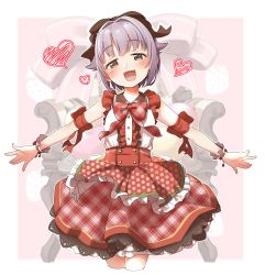 Rule 34 | 1girl, :d, blush, bow, brown bow, brown eyes, center frills, collared shirt, commentary request, cropped legs, frills, hair bow, hair flaps, hair intakes, half-closed eyes, head tilt, heart, highres, idolmaster, idolmaster cinderella girls, koshimizu sachiko, looking at viewer, open mouth, outstretched arms, plaid, plaid bow, plaid skirt, polka dot, purple hair, red bow, red skirt, shirt, short hair, skirt, sleeveless, sleeveless shirt, smile, solo, standing, white shirt, wrist cuffs, yukie (kusaka shi)
