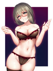 Rule 34 | 1girl, bow, bow bra, bow panties, bra, breasts, brown bra, brown hair, brown panties, brown thighhighs, cleavage, collarbone, commentary request, cowboy shot, eyeshadow, glasses, grey eyes, groin, hair between eyes, half-closed eyes, hands up, head tilt, highres, lace, lace-trimmed bra, lace-trimmed panties, lace trim, lingerie, long hair, looking at viewer, makeup, medium breasts, nail polish, navel, original, panties, parted lips, pink nails, red-framed eyewear, red bow, rotix, shiny skin, solo, standing, stomach, strap pull, teeth, thigh gap, thighhighs, underwear, underwear only