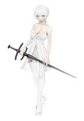 Rule 34 | 1girl, absurdres, bad id, bad pixiv id, bare shoulders, blue eyes, breasts, camisole, cleavage, faust (project moon), frilled camisole, frills, highres, holding, holding sword, holding weapon, large breasts, limbus company, looking at viewer, medium hair, norunollu, panties, parted lips, project moon, shadow, simple background, sleeveless, solo, sword, thighhighs, underwear, weapon, white background, white camisole, white footwear, white hair, white panties