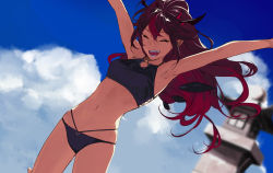 Rule 34 | 1girl, armpits, arms up, bikini, blue bikini, breasts, building, closed eyes, cloud, cloudy sky, day, detached wings, dutch angle, floating hair, hololive, hololive english, horns, irys (hololive), long hair, multiple horns, navel, outdoors, pako (pakosun), red hair, sky, small breasts, solo, stomach, swimsuit, teeth, virtual youtuber, wings