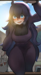 Rule 34 | 1girl, @ @, ahoge, alternate breast size, arm up, bag, black hair, blue eyes, blush, breasts, breath, commentary request, creatures (company), dress, game freak, hairband, hex maniac (pokemon), highres, john (a2556349), long hair, long sleeves, looking at viewer, messy hair, nintendo, open mouth, outdoors, plastic bag, pokemon, pokemon xy, purple hair, purple hairband, ribbed sweater, solo, sun glare, sweat, sweater, very long hair
