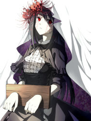 Rule 34 | 10s, 1girl, akemi homura, akemi homura (black dress), bdsm, black dress, black hair, bondage, bound, capelet, colored skin, corset, dress, empty eyes, expressionless, flower, frilled shirt, frills, fumio (kanmi), funeral dress, hair between eyes, hair flower, hair ornament, homulilly, humanization, long hair, looking at viewer, mahou shoujo madoka magica, mahou shoujo madoka magica: hangyaku no monogatari, parted lips, personification, red eyes, red flower, restrained, shirt, simple background, sleeves rolled up, solo, spider lily, stocks, veil, white background, white skin, witch (madoka magica)
