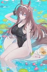Rule 34 | 1girl, absurdres, ahoge, animal ears, black one-piece swimsuit, blue eyes, bracelet, breasts, brown hair, covered navel, echj, food, hairband, highres, horse ears, horse tail, jewelry, large breasts, lily pad, long hair, mihono bourbon (umamusume), one-piece swimsuit, pudding, red nails, scrunchie, sitting, smile, swimsuit, tail, umamusume, water, wet, wrist scrunchie