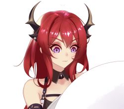 Rule 34 | 1girl, arknights, bad id, bad pixiv id, bare shoulders, chinese commentary, commentary request, eyelashes, eyeshadow, horns, long hair, makeup, nengliang shengmingti, partial commentary, purple eyes, red hair, simple background, solo, surtr (arknights), upper body, white background