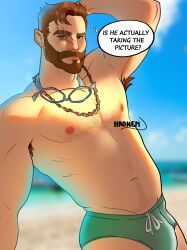 Rule 34 | 1boy, absurdres, arm hair, arms behind head, bara, beach, beard, blurry, blurry background, brown hair, bulge, chain, chain necklace, coral island, cowboy shot, english text, facial hair, full beard, goggles, goggles around neck, haonem, highres, jewelry, large pectorals, looking at viewer, male focus, male swimwear, mark (coral island), muscular, muscular male, navel, necklace, nipples, pectorals, sand, short hair, solo, sparse chest hair, stomach, swim briefs, thick beard, topless male