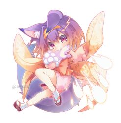 Rule 34 | &gt;:), 1girl, amatsuji, animal ear fluff, animal ears, blush, bow, chibi, closed mouth, comiket 103, commentary request, eyelashes, eyes visible through hair, floating clothes, floral print, fox ears, fox girl, fox tail, gradient hair, hair between eyes, hair intakes, hatsuse izuna, heart, heart in eye, holding, holding snowball, japanese clothes, kimono, knee up, looking at viewer, medium hair, motion lines, multicolored hair, no game no life, okobo, orange bow, orange hair, purple eyes, purple hair, sandals, scarf, short kimono, simple background, slit pupils, smile, snowball, socks, solo, symbol in eye, tabi, tail, twitter username, v-shaped eyebrows, white background, white scarf, white socks, yellow kimono