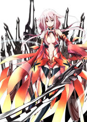 Rule 34 | 10s, 1girl, absurdres, bare shoulders, black thighhighs, breasts, center opening, chippucream, cleavage, detached sleeves, elbow gloves, fingerless gloves, gloves, guilty crown, hair ornament, hairclip, highres, long hair, looking at viewer, navel, open mouth, pink hair, red eyes, solo, thighhighs, twintails, void (guilty crown), yuzuriha inori
